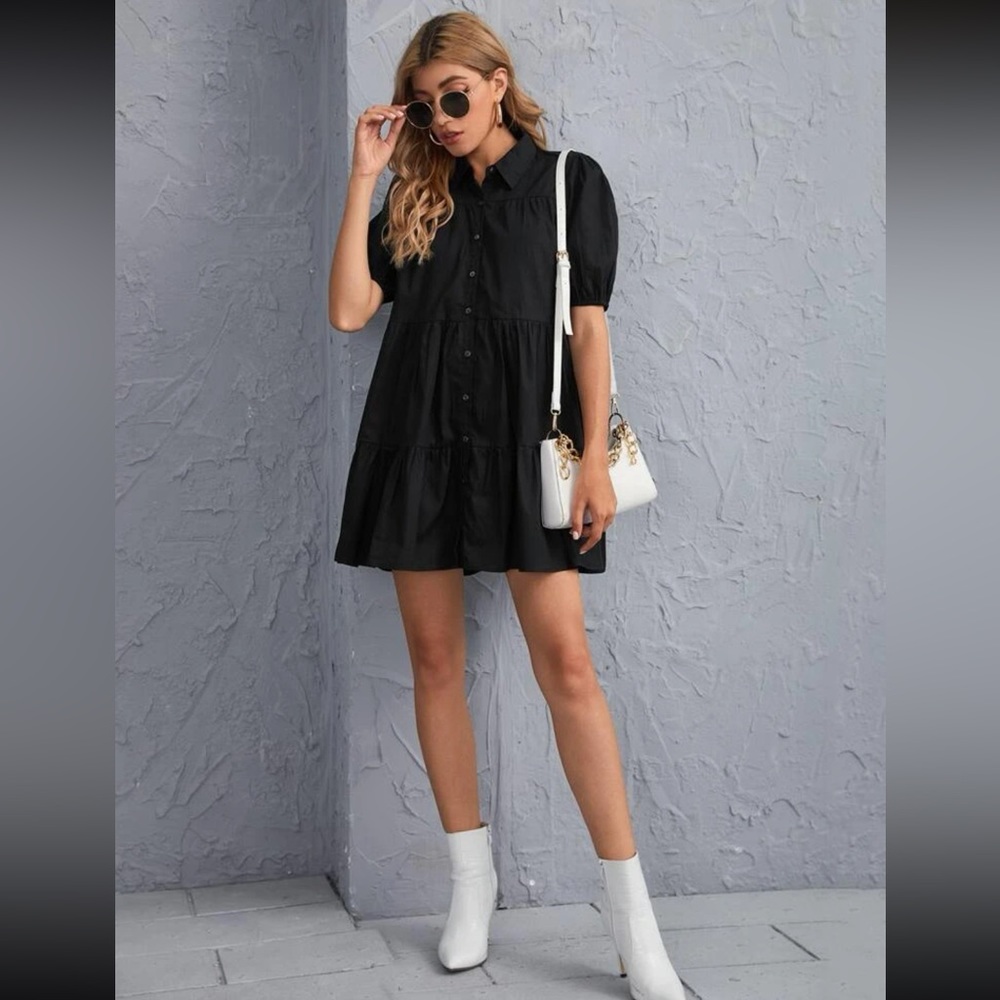 SHEIN Puff Sleeve Button Front Ruffle Hem Dress
